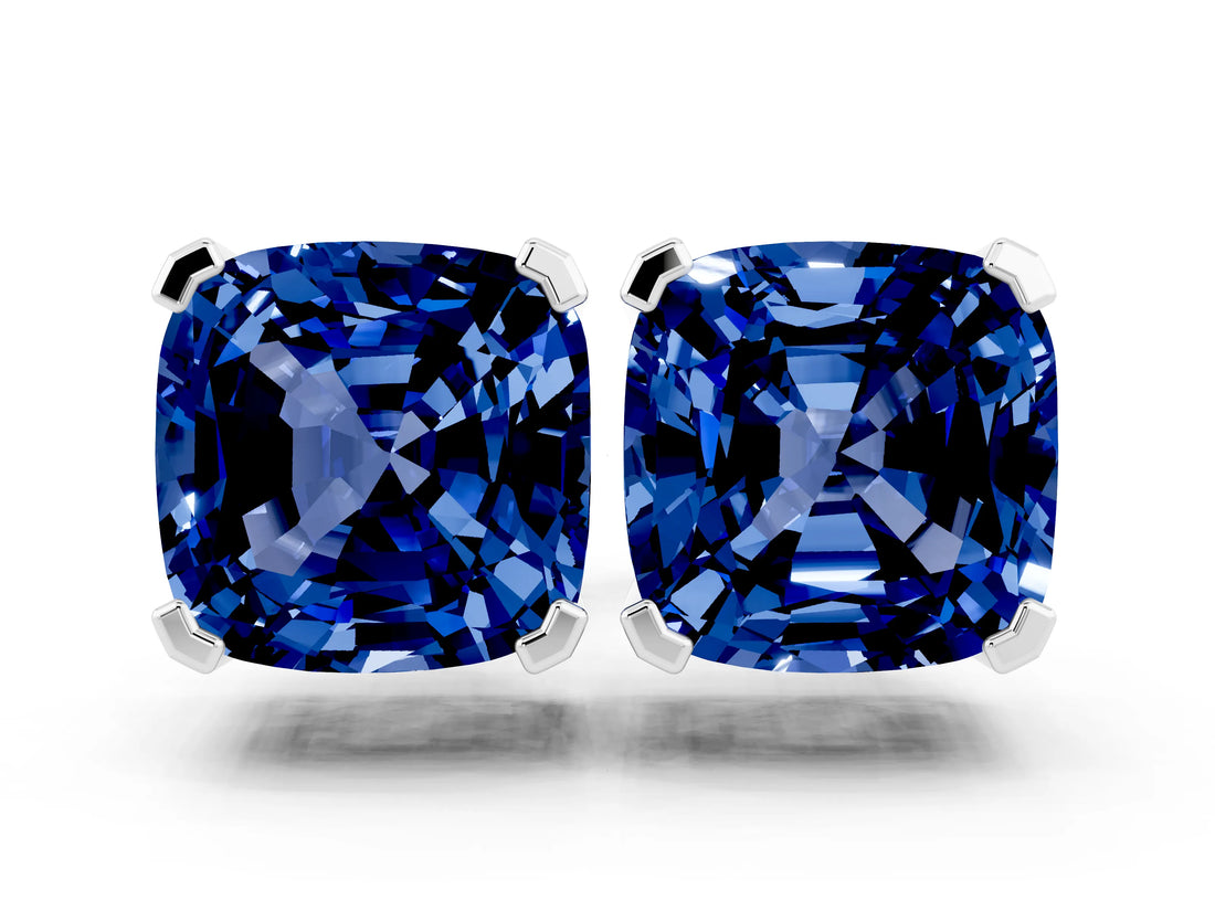 Silver 2.49 Carat Cushion Blue Sapphire Stud Earrings
