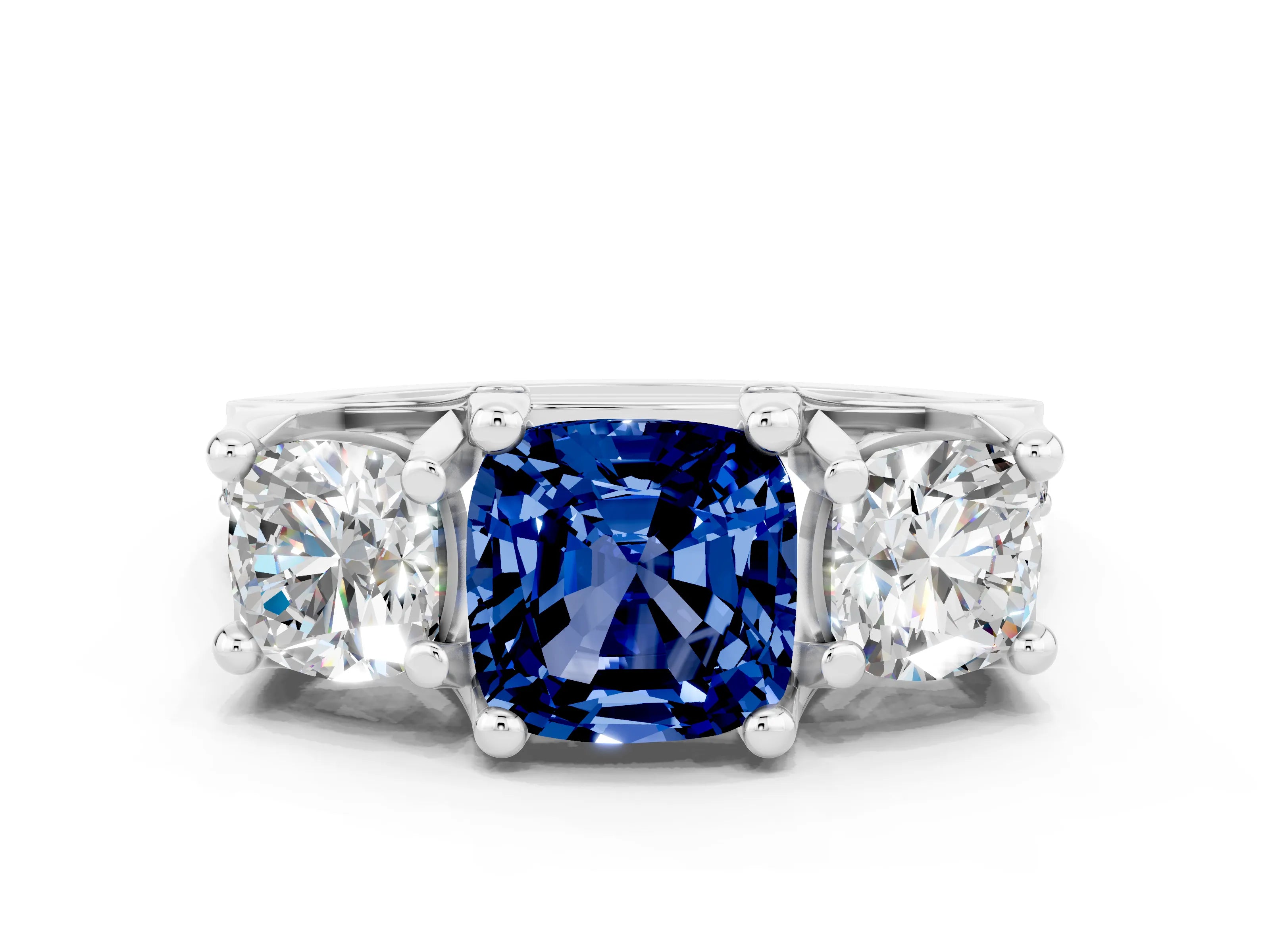 White gold Cushion Cut Blue Sapphire Three-Stone Ring with Channel Set Band and Four-Prong Setting