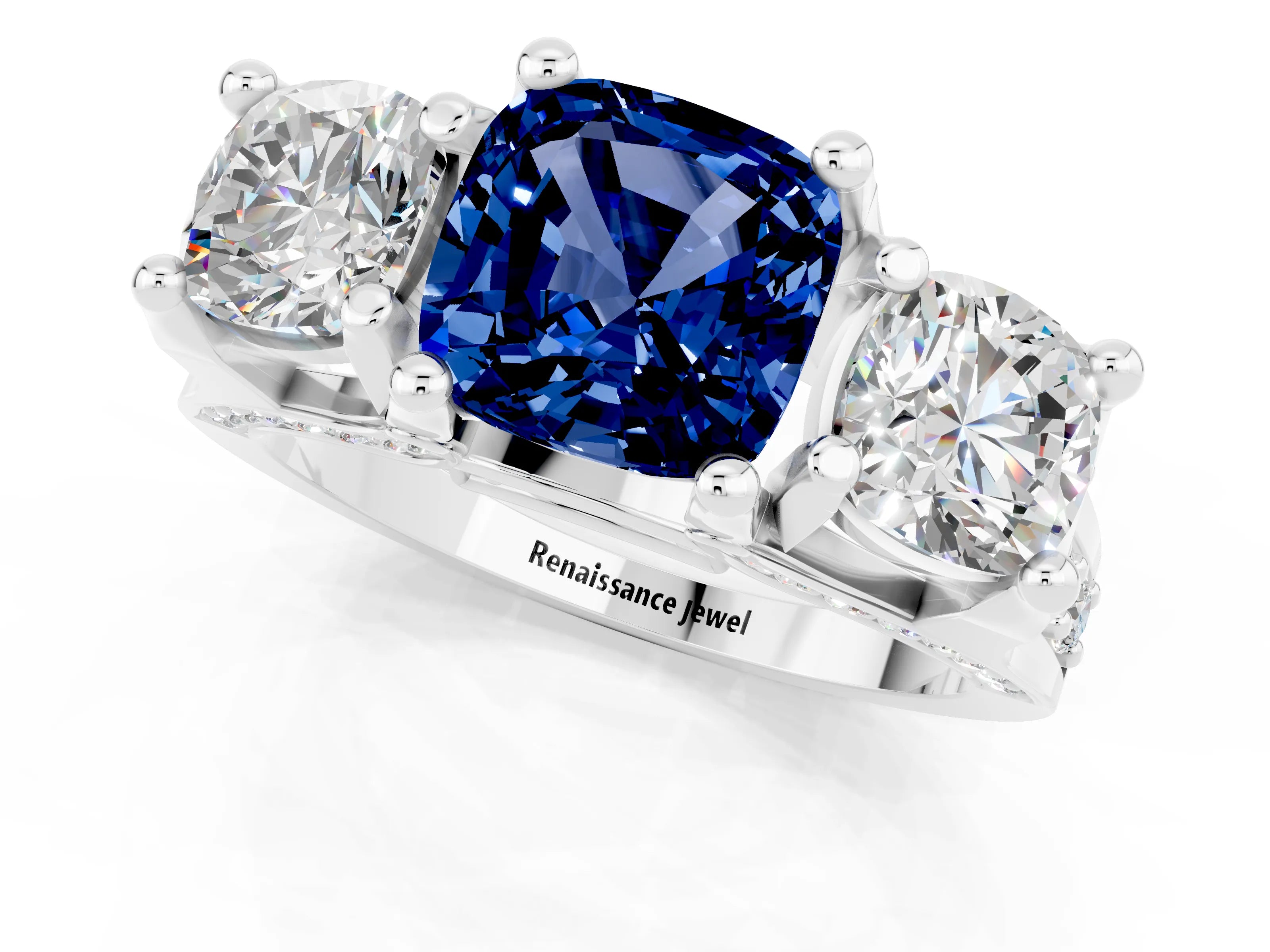 White gold Cushion Cut Blue Sapphire Three-Stone Ring with Channel Set Band and Four-Prong Setting_1