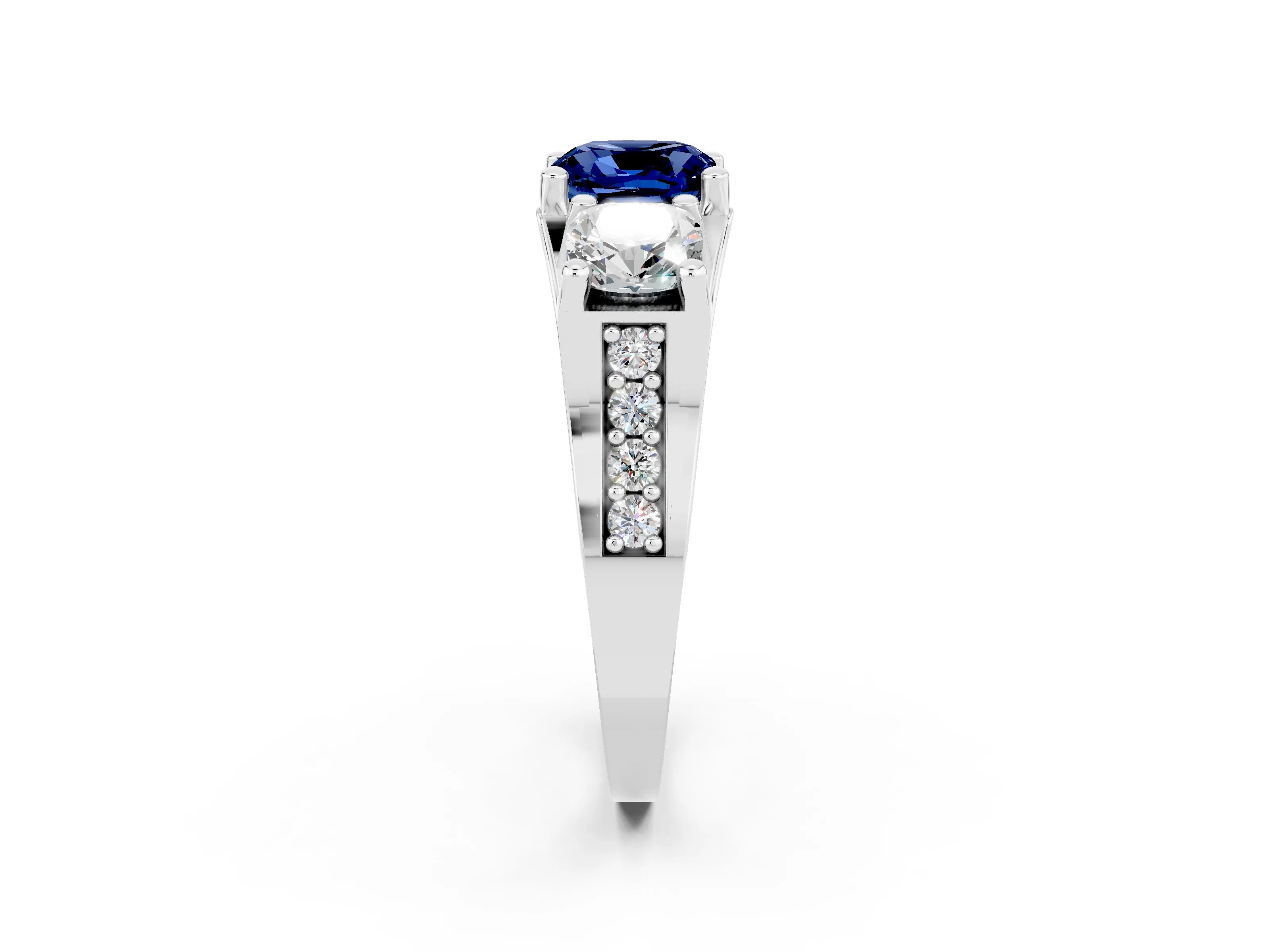 White gold Cushion Cut Blue Sapphire Three-Stone Ring with Channel Set Band and Four-Prong Setting_2