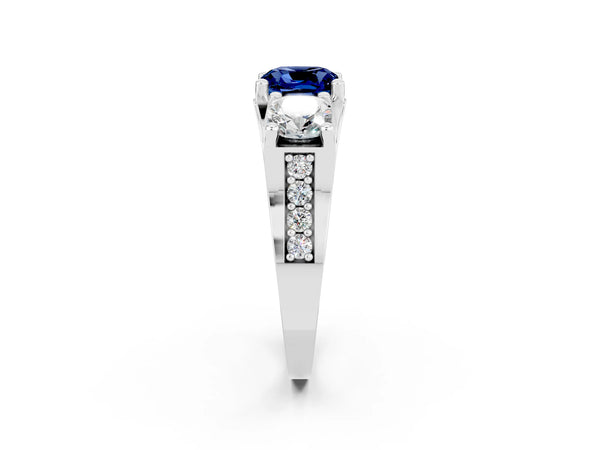 White gold Cushion Cut Blue Sapphire Three-Stone Ring with Channel Set Band and Four-Prong Setting