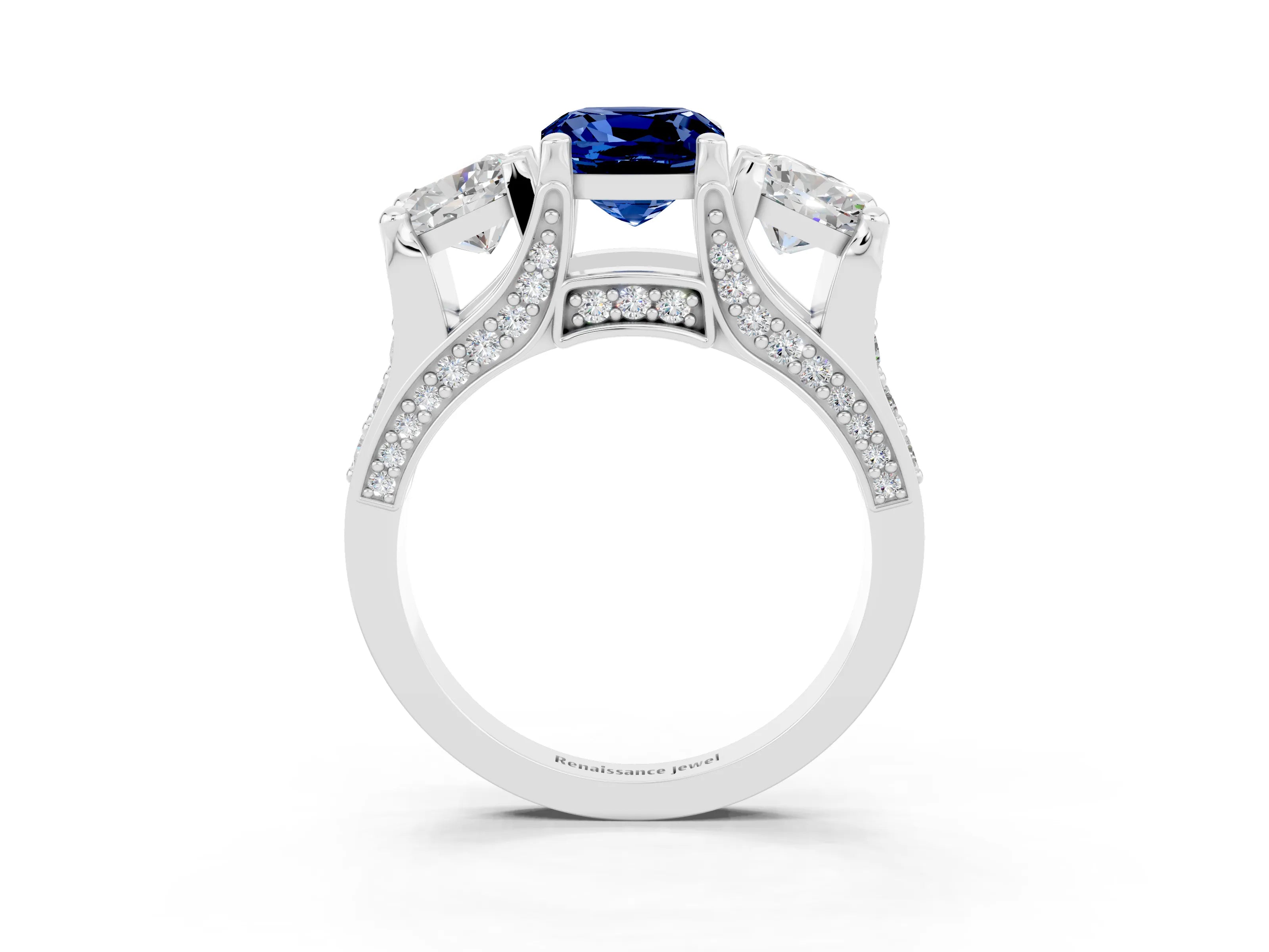 White gold Cushion Cut Blue Sapphire Three-Stone Ring with Channel Set Band and Four-Prong Setting_3