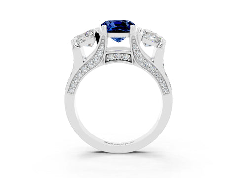 White gold Cushion Cut Blue Sapphire Three-Stone Ring with Channel Set Band and Four-Prong Setting_3