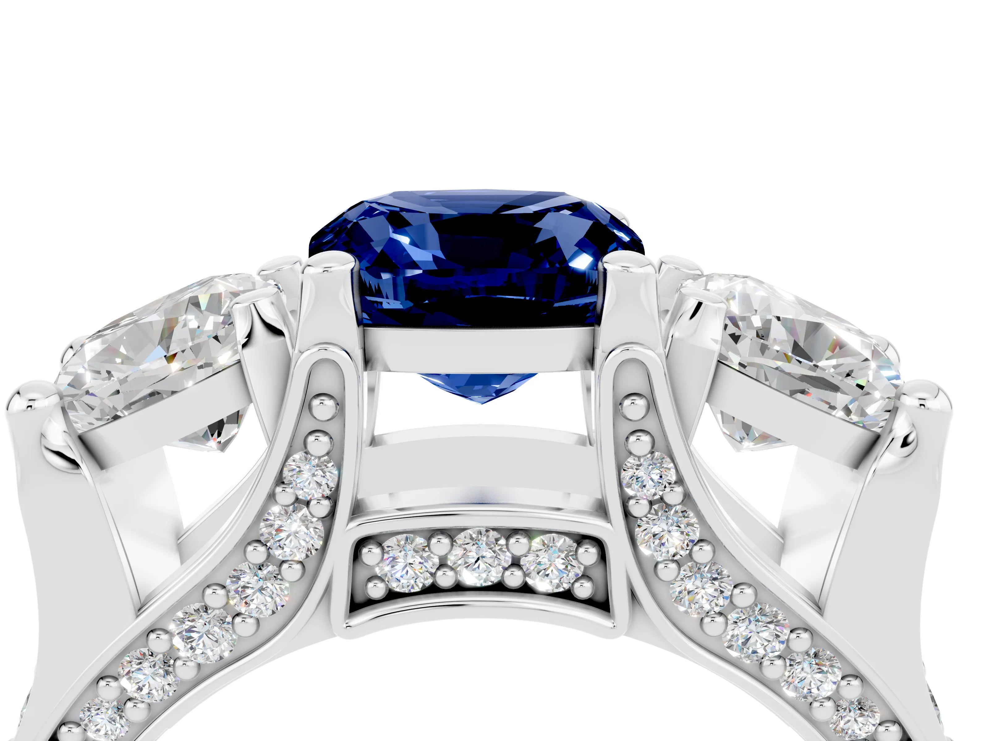 White gold Cushion Cut Blue Sapphire Three-Stone Ring with Channel Set Band and Four-Prong Setting_4
