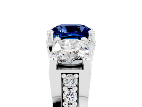 White gold Cushion Cut Blue Sapphire Three-Stone Ring with Channel Set Band and Four-Prong Setting_5