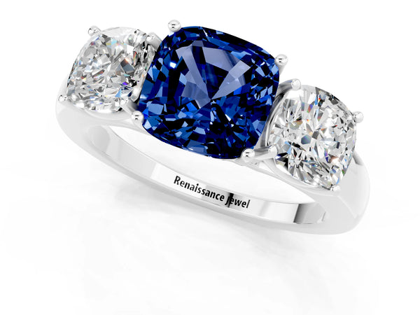 White gold Cushion Cut Blue Sapphire Three-Stone Ring with Four-Prong Setting and Classic Band