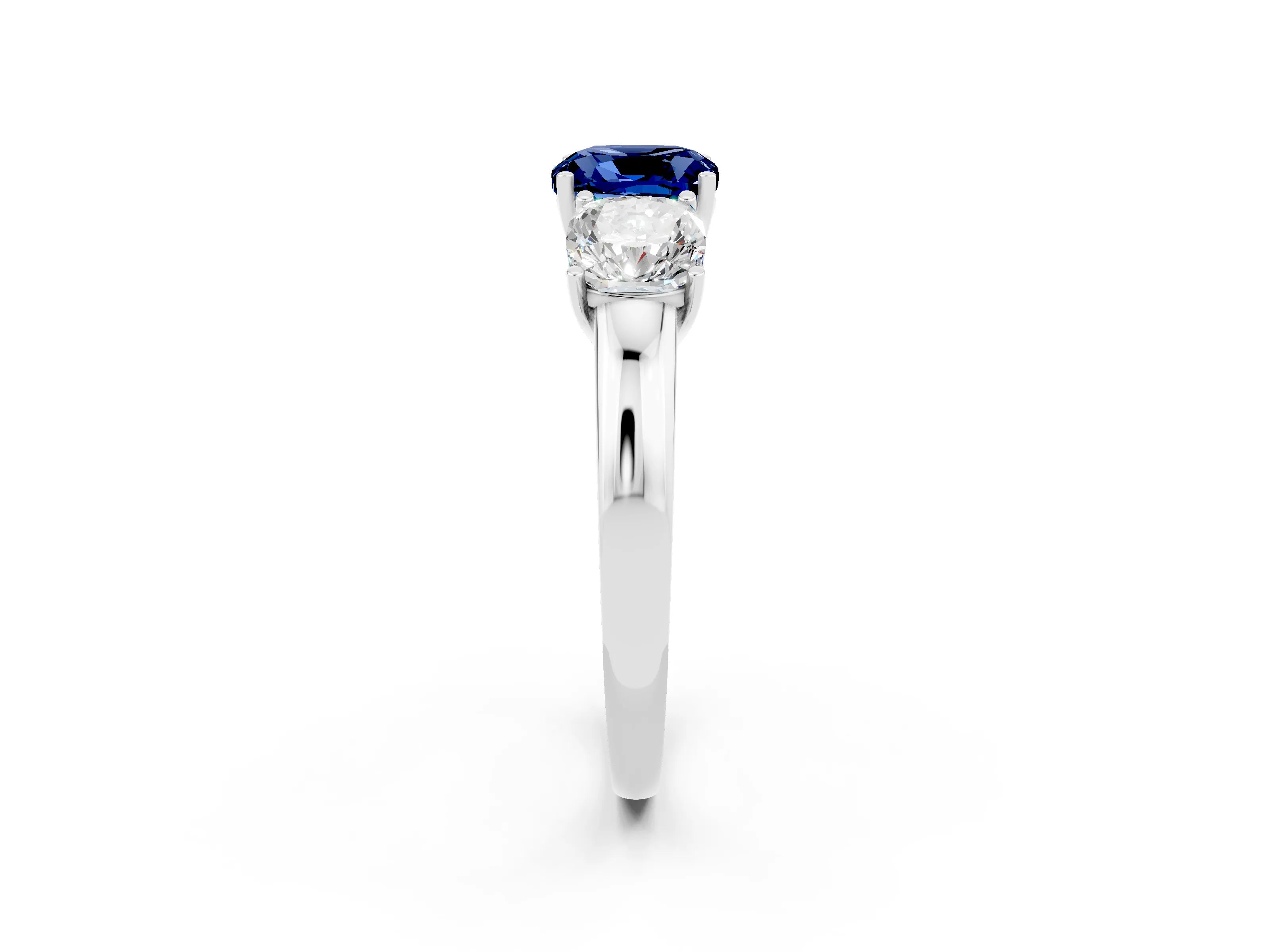 White gold Cushion Cut Blue Sapphire Three-Stone Ring with Four-Prong Setting and Classic Band_2