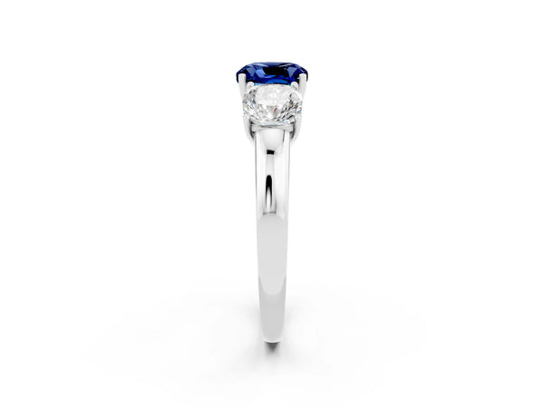 White gold Cushion Cut Blue Sapphire Three-Stone Ring with Four-Prong Setting and Classic Band
