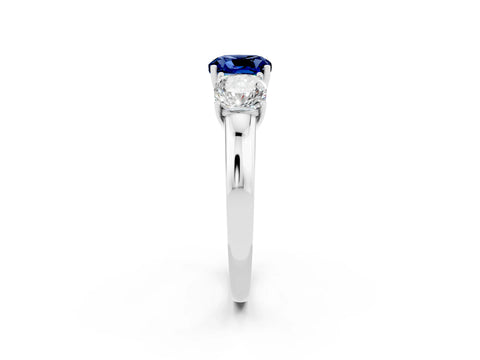 White gold Cushion Cut Blue Sapphire Three-Stone Ring with Four-Prong Setting and Classic Band_2