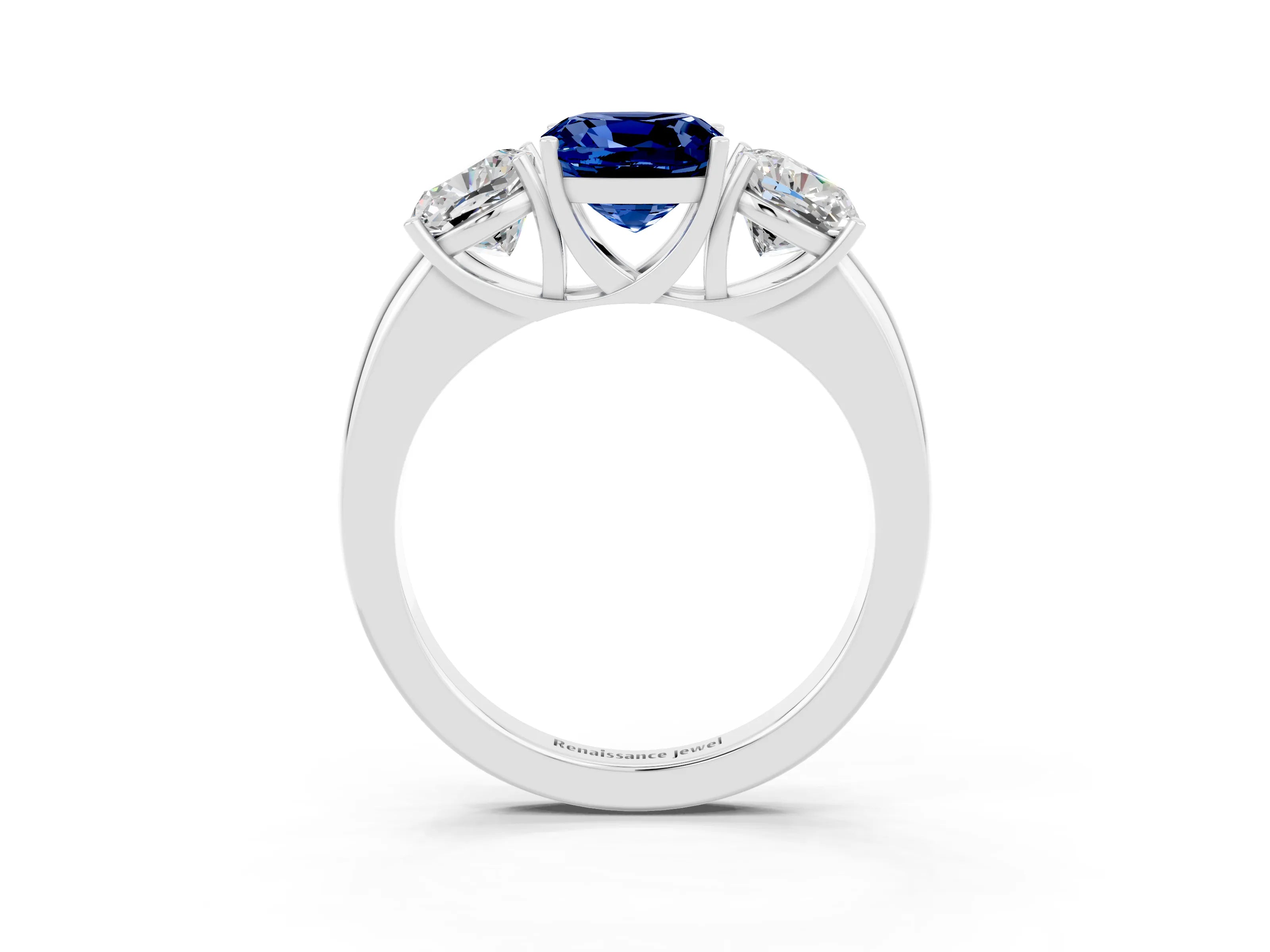 White gold Cushion Cut Blue Sapphire Three-Stone Ring with Four-Prong Setting and Classic Band_3