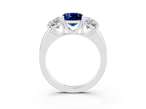 White gold Cushion Cut Blue Sapphire Three-Stone Ring with Four-Prong Setting and Classic Band_3