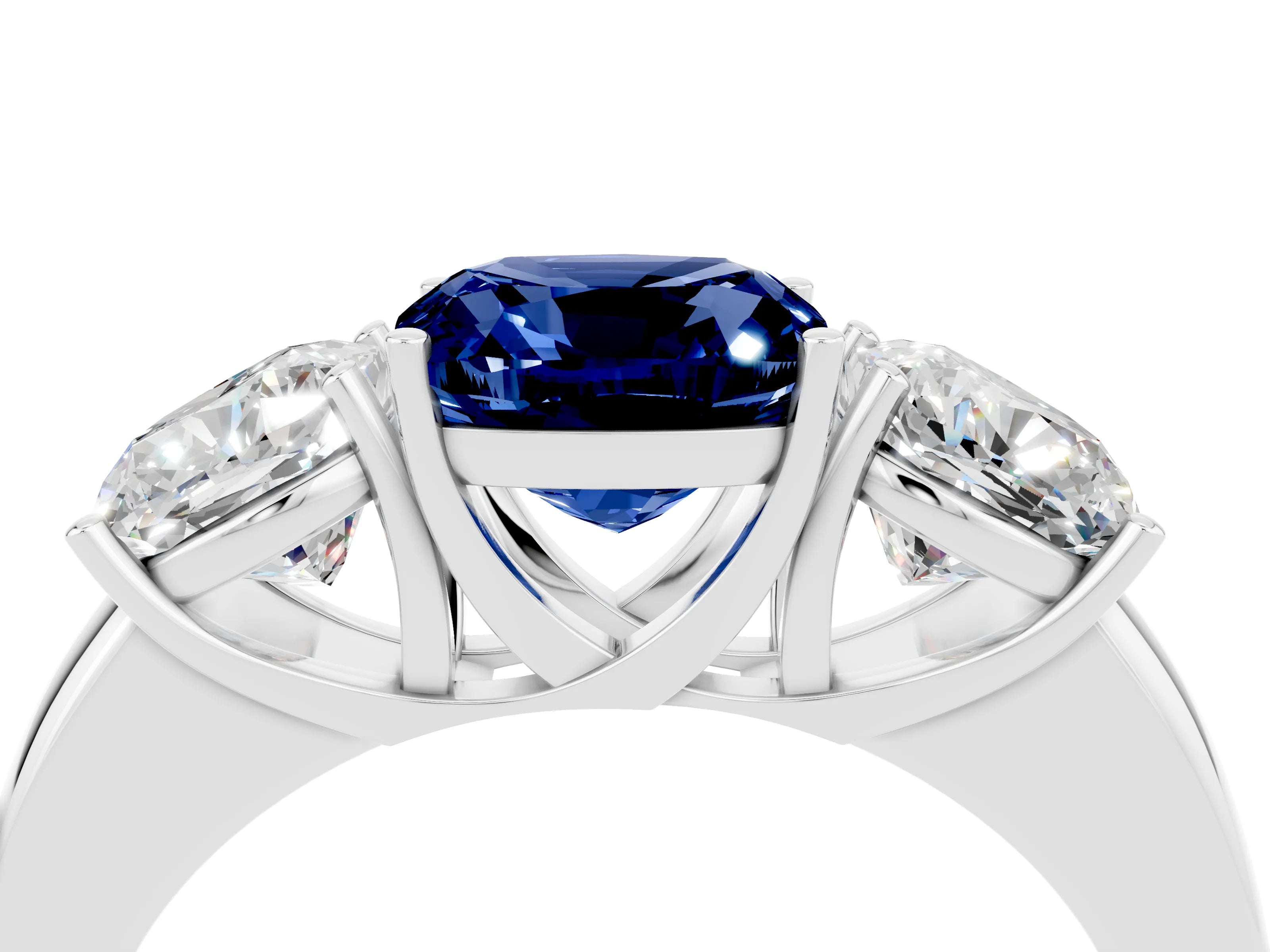 White gold Cushion Cut Blue Sapphire Three-Stone Ring with Four-Prong Setting and Classic Band_4