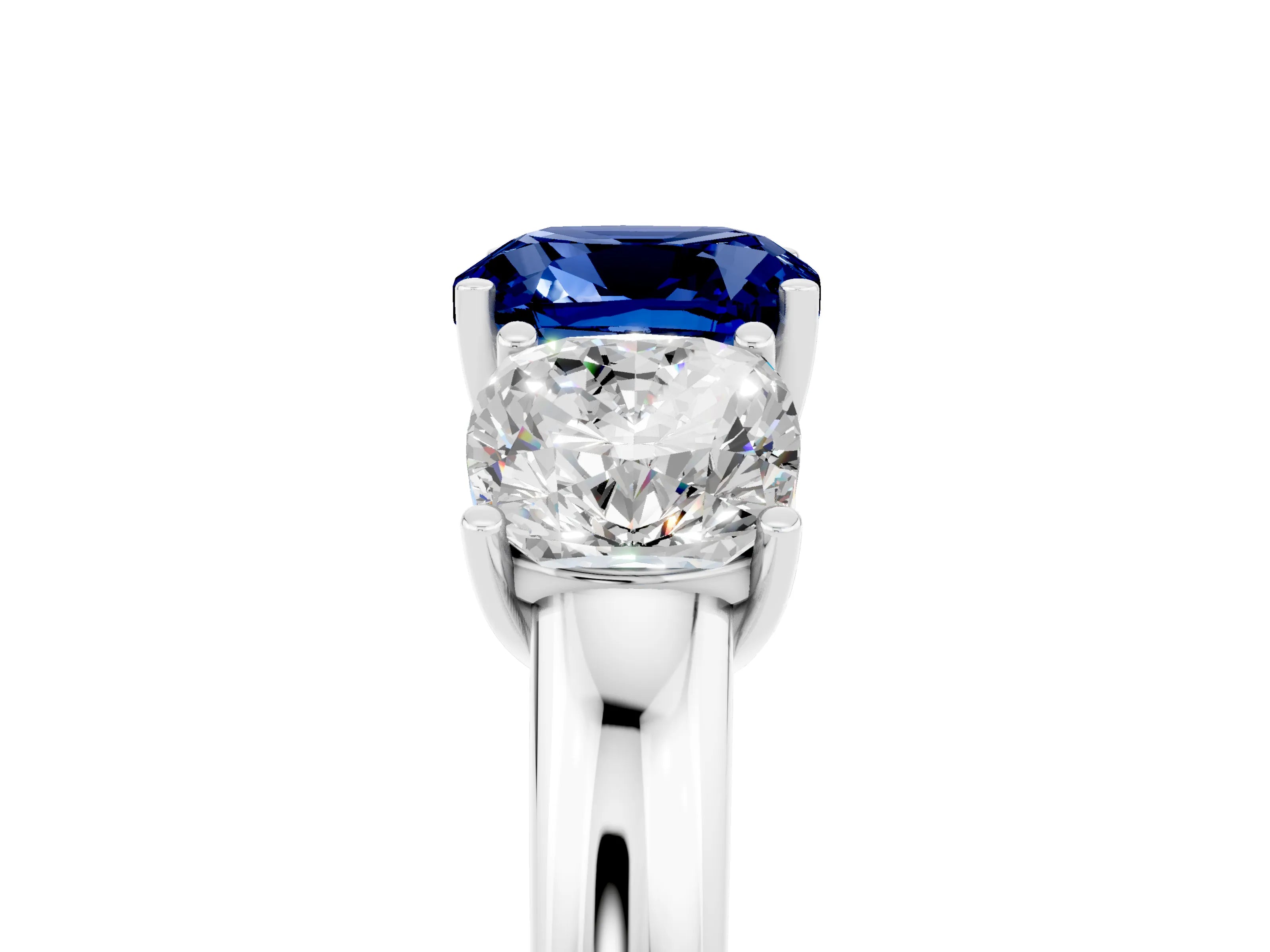 White gold Cushion Cut Blue Sapphire Three-Stone Ring with Four-Prong Setting and Classic Band_5