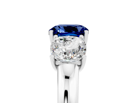 White gold Cushion Cut Blue Sapphire Three-Stone Ring with Four-Prong Setting and Classic Band_5