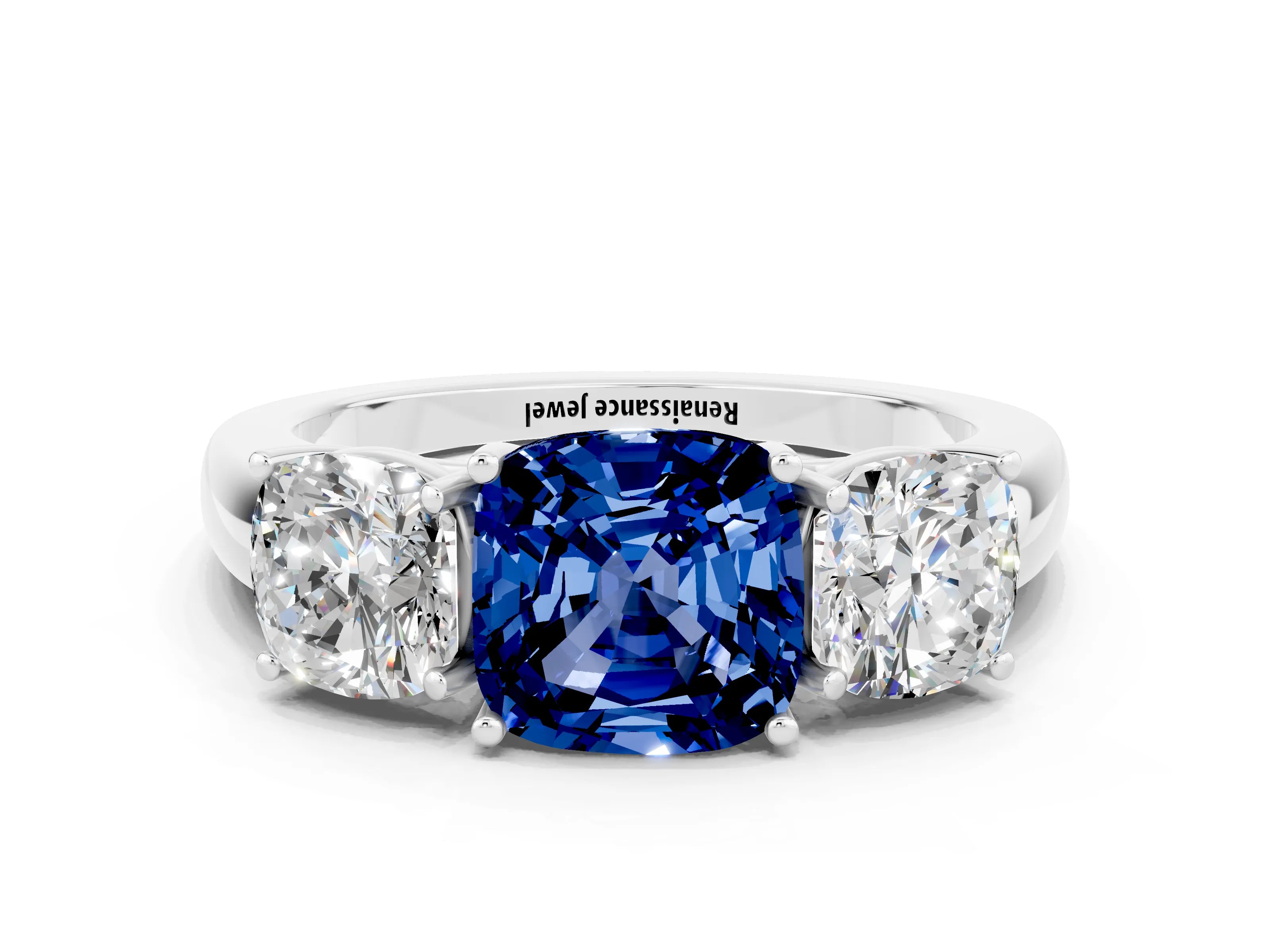 White gold Cushion Cut Blue Sapphire Three-Stone Ring with Four-Prong Setting and Classic Band