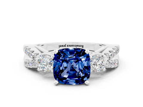 White gold Cushion Cut Blue Sapphire Three-Stone Ring with Pavé Split Shank and Four-Prong Setting_12