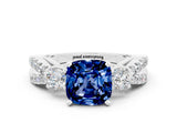 White gold Cushion Cut Blue Sapphire Three-Stone Ring with Pavé Split Shank and Four-Prong Setting_12