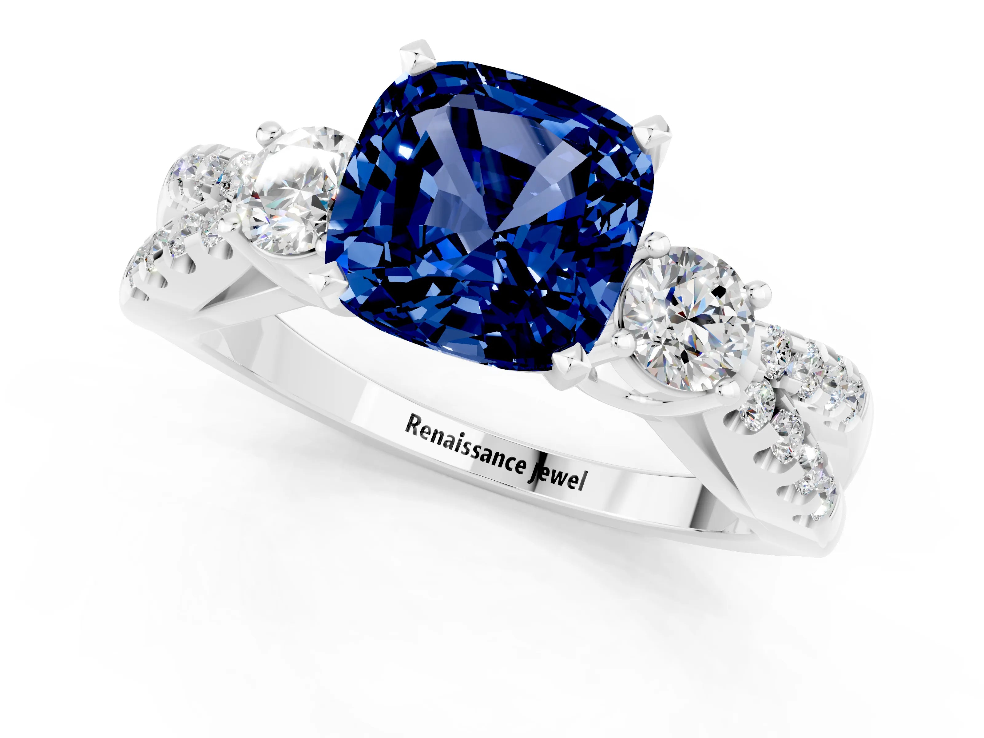 White gold Cushion Cut Blue Sapphire Three-Stone Ring with Pavé Split Shank and Four-Prong Setting_13