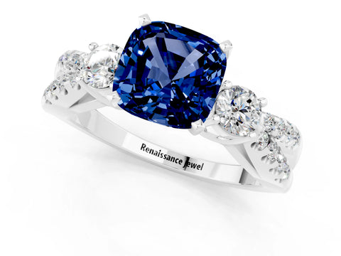 White gold Cushion Cut Blue Sapphire Three-Stone Ring with Pavé Split Shank and Four-Prong Setting_13