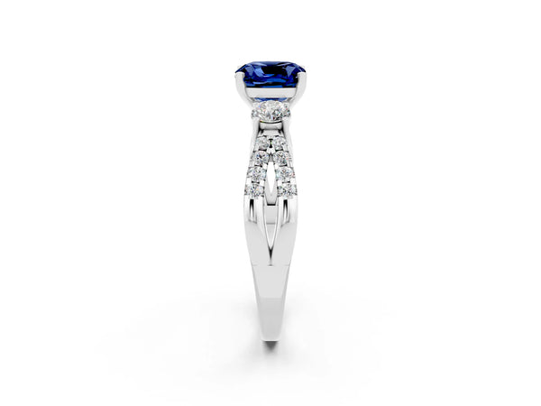 Silver Cushion Cut Blue Sapphire Three-Stone Ring with Pavé Split Shank and Four-Prong Setting