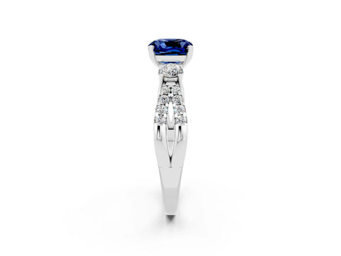 White gold Cushion Cut Blue Sapphire Three-Stone Ring with Pavé Split Shank and Four-Prong Setting_14