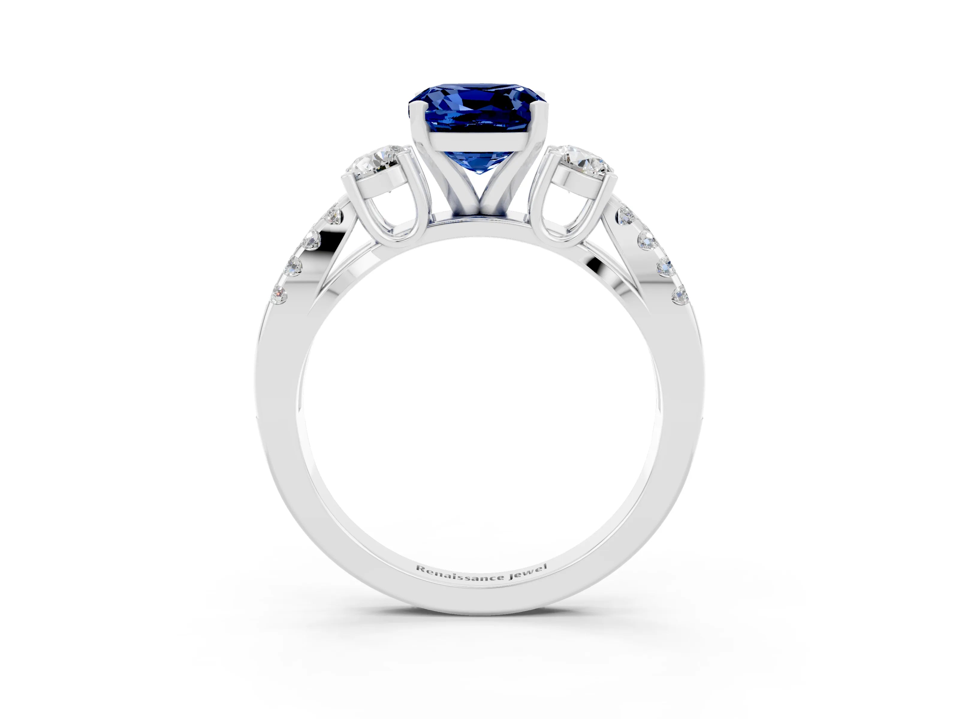 White gold Cushion Cut Blue Sapphire Three-Stone Ring with Pavé Split Shank and Four-Prong Setting_15