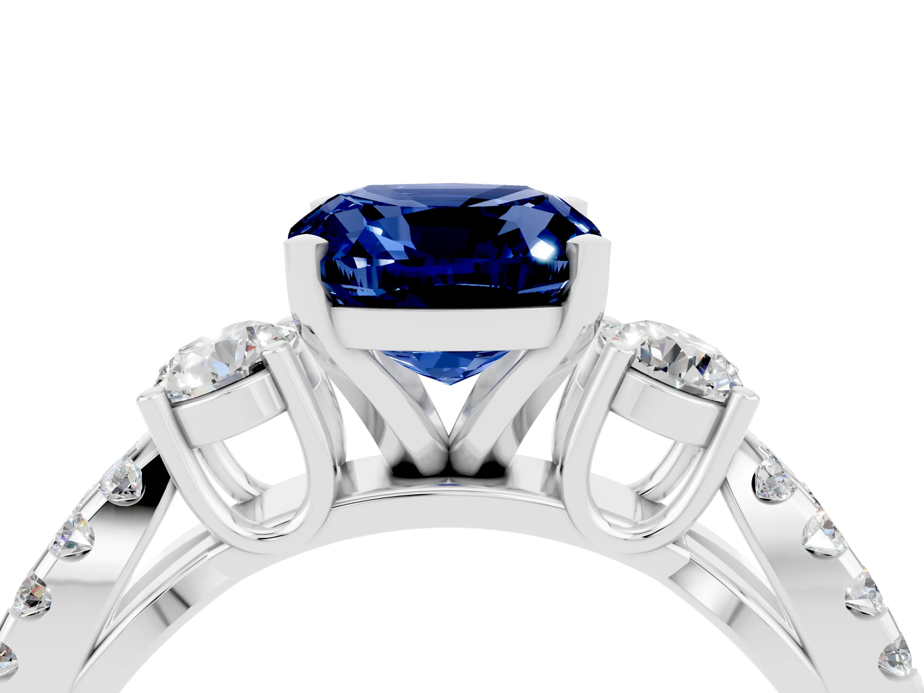 White gold Cushion Cut Blue Sapphire Three-Stone Ring with Pavé Split Shank and Four-Prong Setting_16
