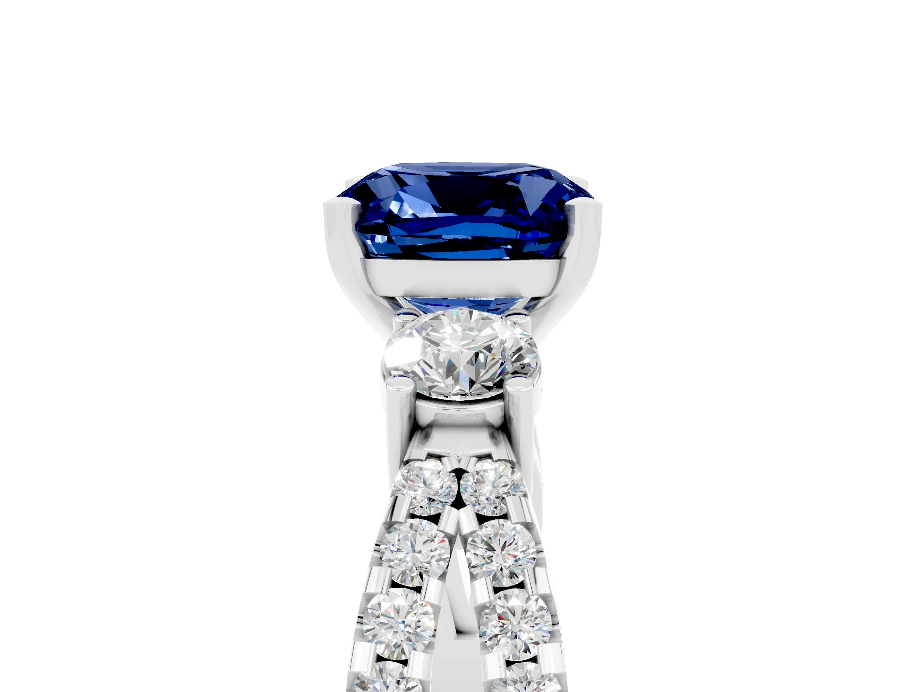 White gold Cushion Cut Blue Sapphire Three-Stone Ring with Pavé Split Shank and Four-Prong Setting_17