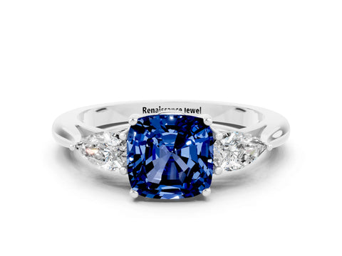 White gold Cushion Cut Blue Sapphire Three-Stone Ring with Pear Side Stones and Four-Prong Setting_12