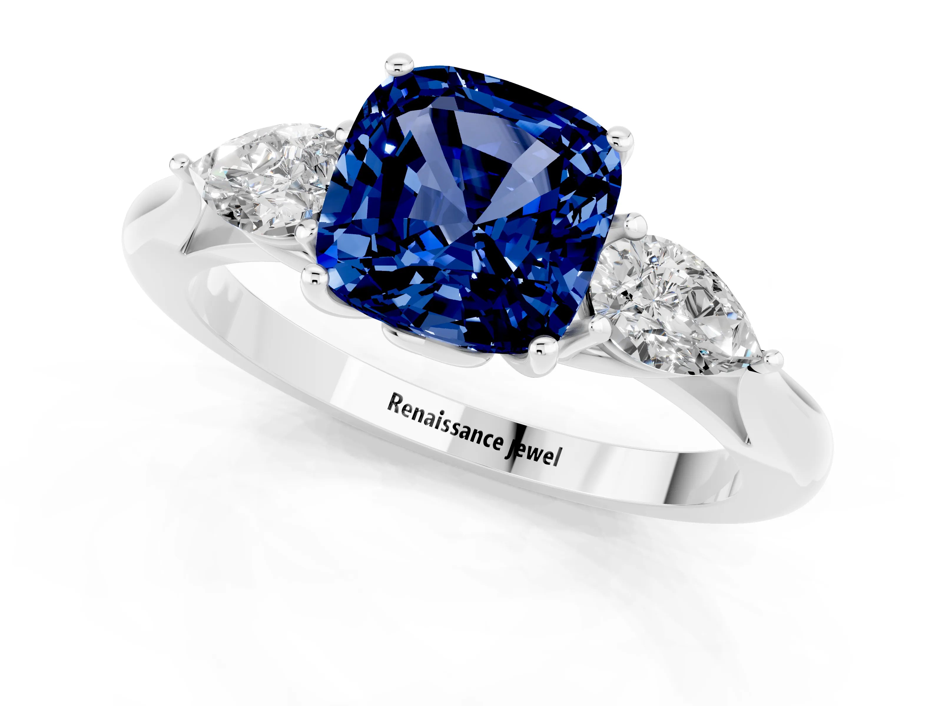 White gold Cushion Cut Blue Sapphire Three-Stone Ring with Pear Side Stones and Four-Prong Setting_13