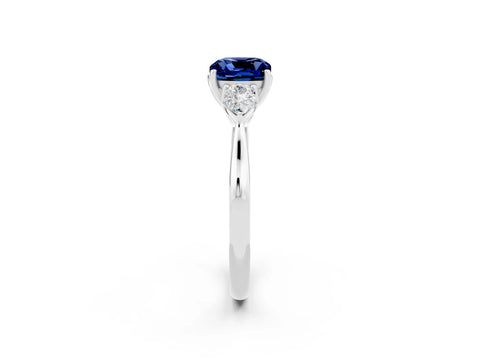 White gold Cushion Cut Blue Sapphire Three-Stone Ring with Pear Side Stones and Four-Prong Setting_14