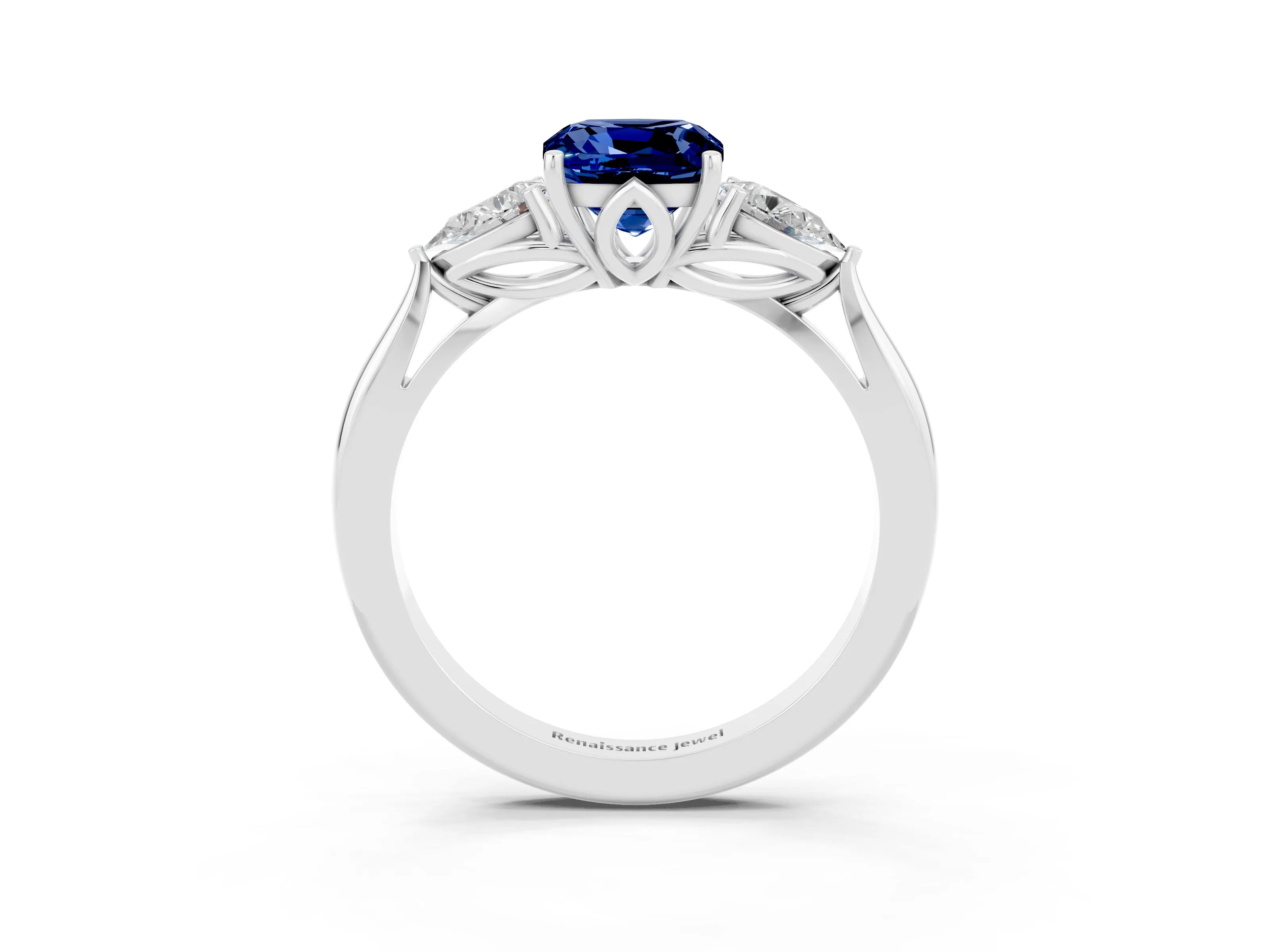 White gold Cushion Cut Blue Sapphire Three-Stone Ring with Pear Side Stones and Four-Prong Setting_15