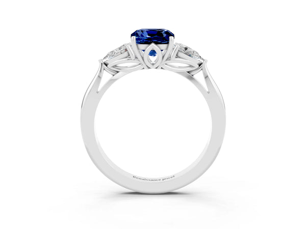 Platinum Cushion Cut Blue Sapphire Three-Stone Ring with Pear  Side Stones and Prong Setting
