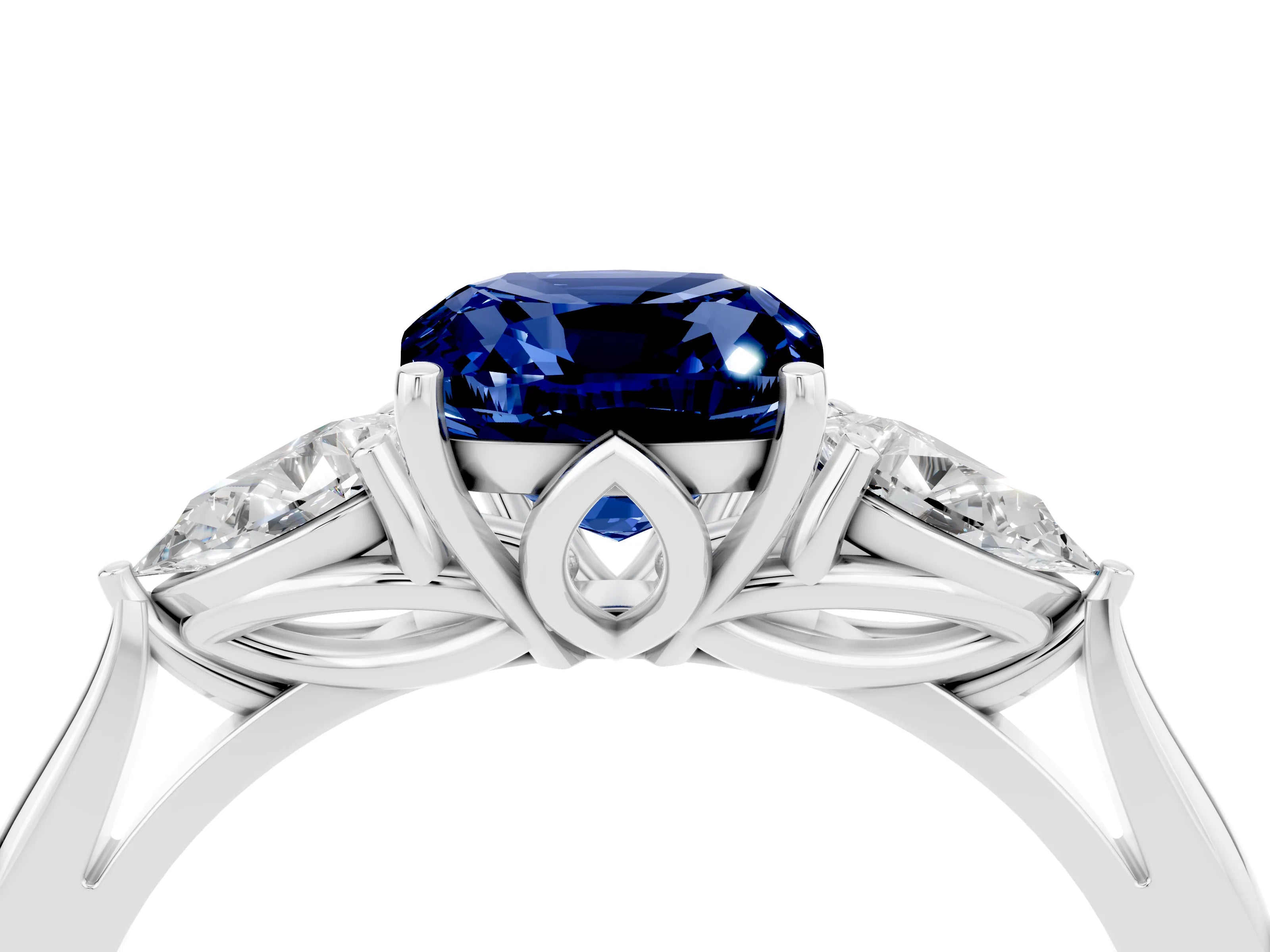 White gold Cushion Cut Blue Sapphire Three-Stone Ring with Pear Side Stones and Four-Prong Setting_16