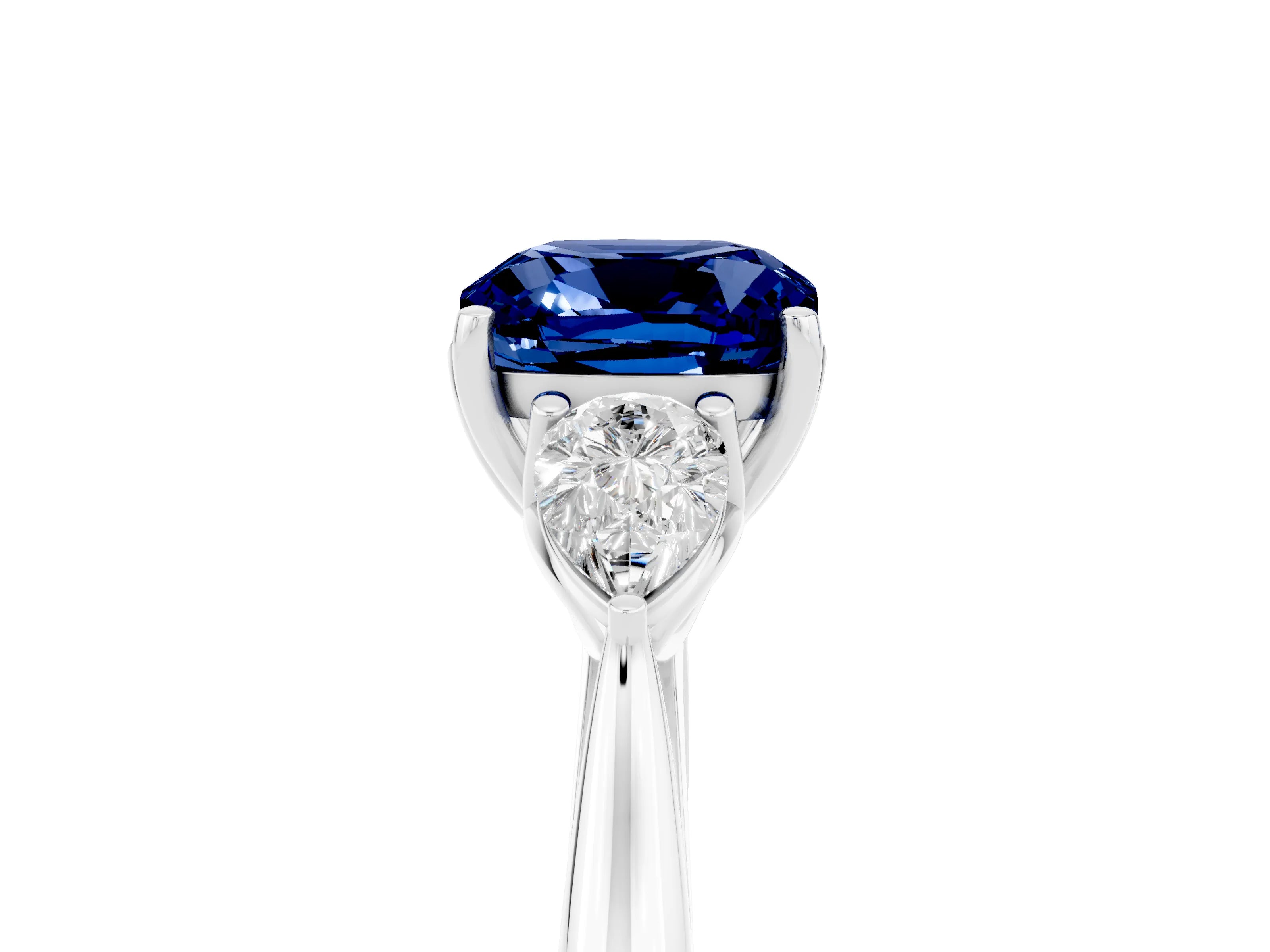 White gold Cushion Cut Blue Sapphire Three-Stone Ring with Pear Side Stones and Four-Prong Setting_17