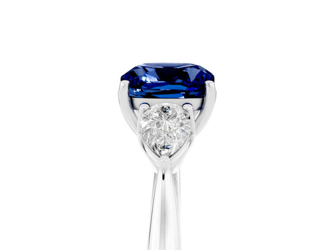 White gold Cushion Cut Blue Sapphire Three-Stone Ring with Pear Side Stones and Four-Prong Setting_17