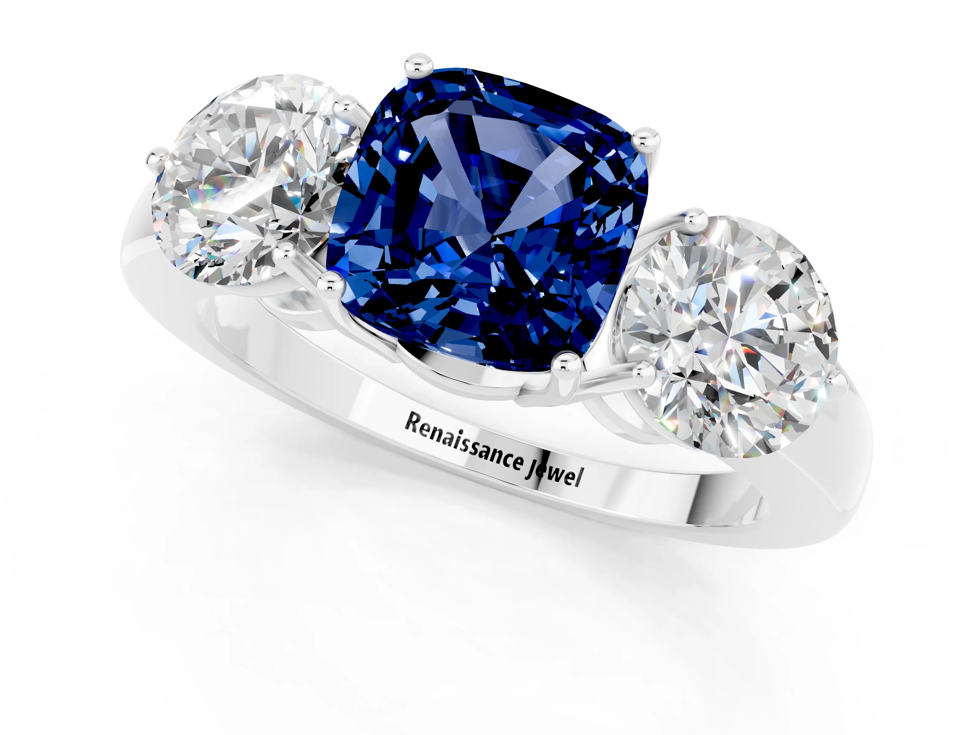 White gold Cushion Cut Blue Sapphire Three-Stone Ring with Prong Setting and Classic Band_1