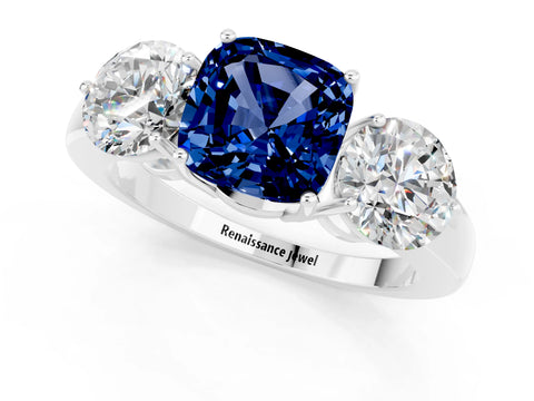 White gold Cushion Cut Blue Sapphire Three-Stone Ring with Prong Setting and Classic Band_1