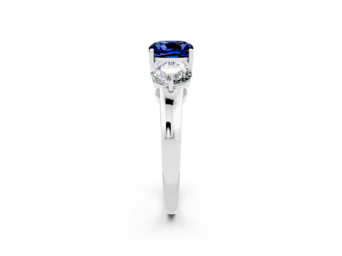 White gold Cushion Cut Blue Sapphire Three-Stone Ring with Prong Setting and Classic Band_2