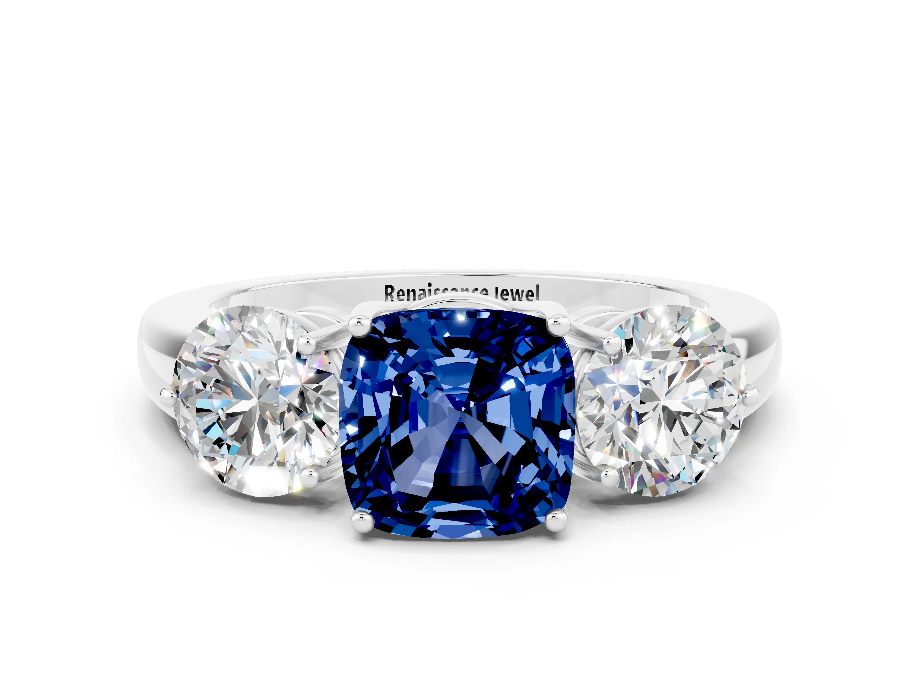 White gold Cushion Cut Blue Sapphire Three-Stone Ring with Prong Setting and Classic Band