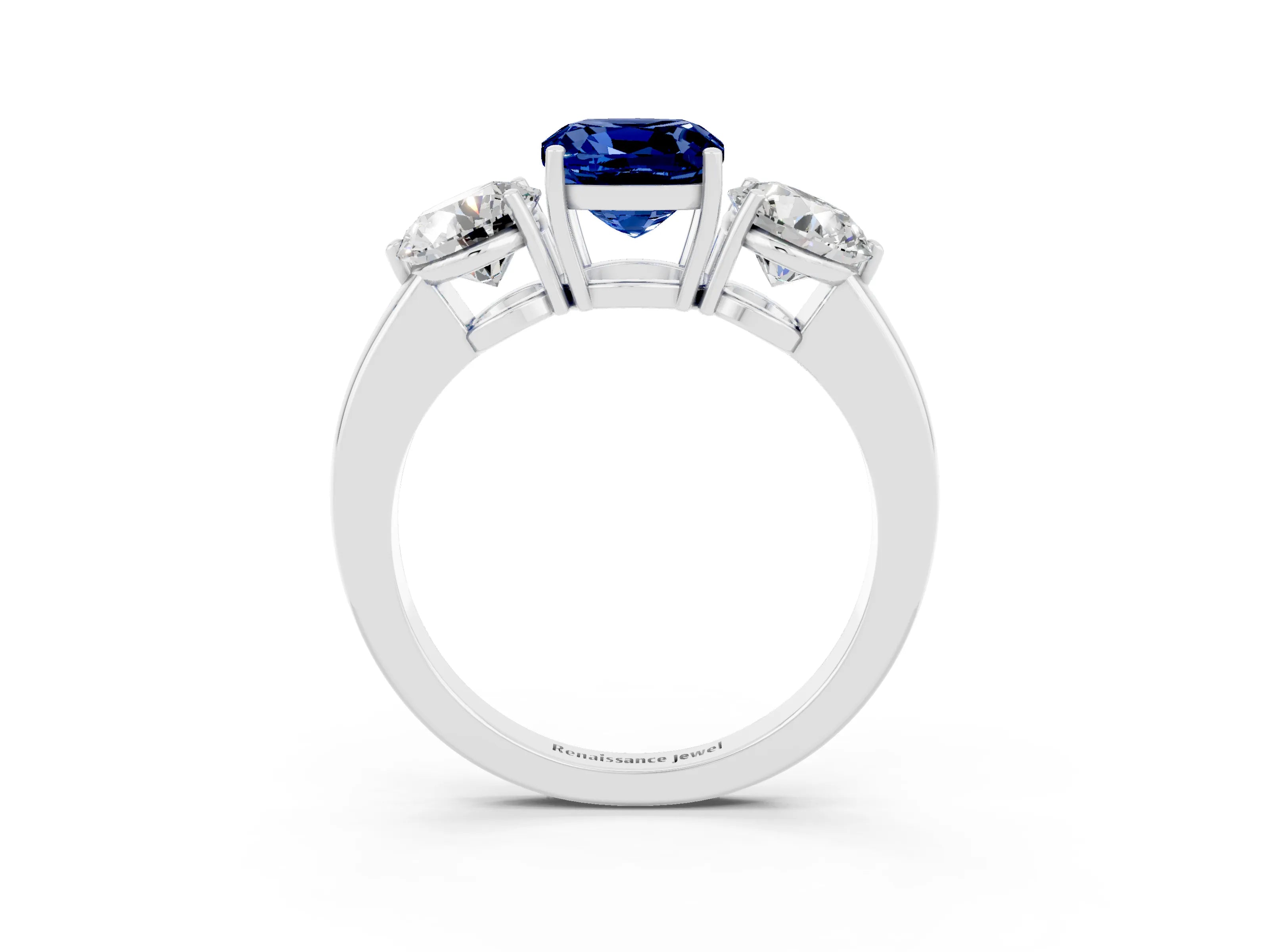 White gold Cushion Cut Blue Sapphire Three-Stone Ring with Prong Setting and Classic Band_3
