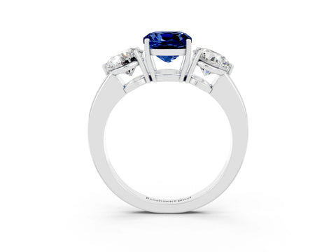 White gold Cushion Cut Blue Sapphire Three-Stone Ring with Prong Setting and Classic Band_3
