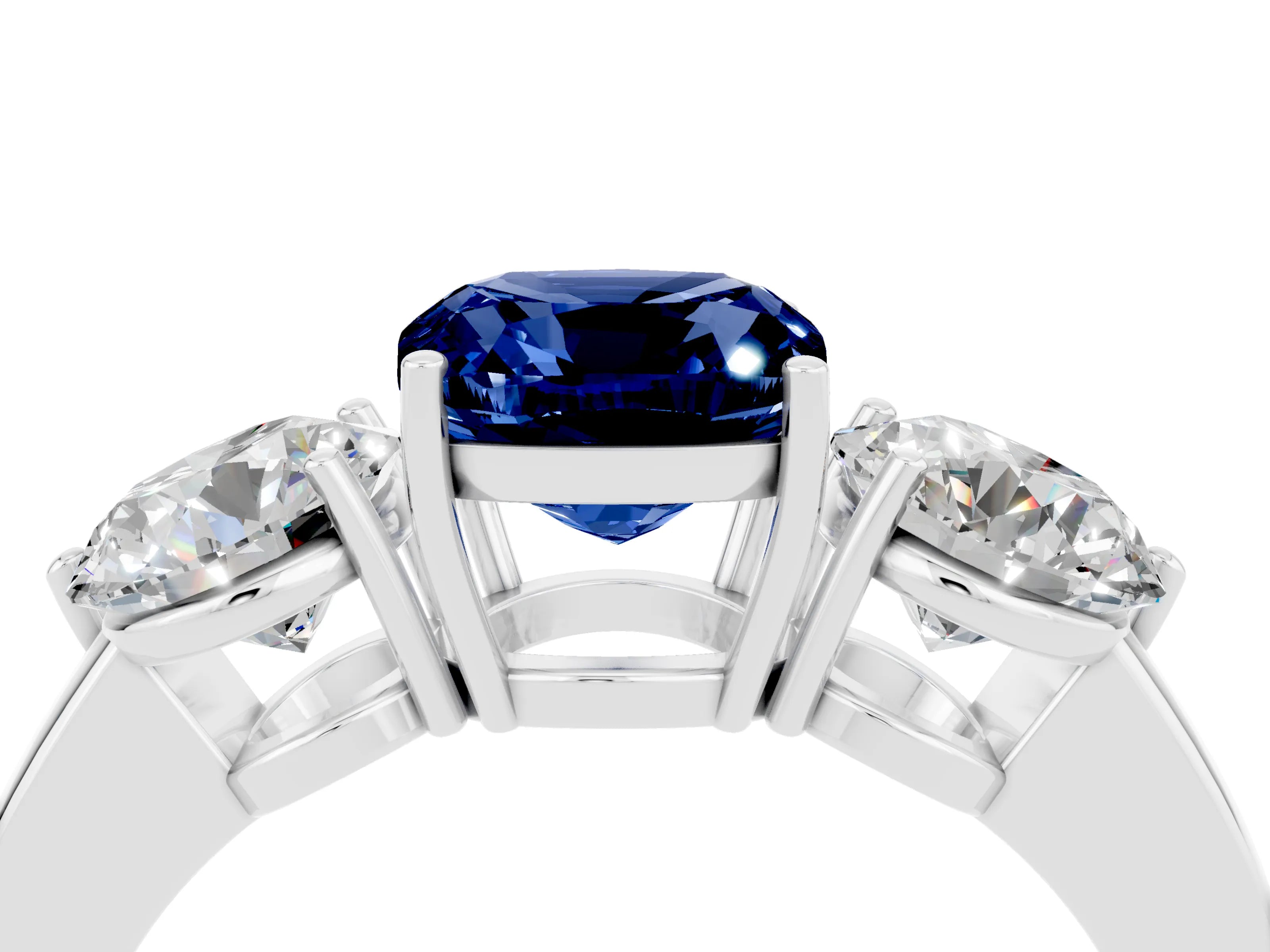 White gold Cushion Cut Blue Sapphire Three-Stone Ring with Prong Setting and Classic Band_4