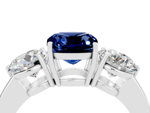 White gold Cushion Cut Blue Sapphire Three-Stone Ring with Prong Setting and Classic Band_4