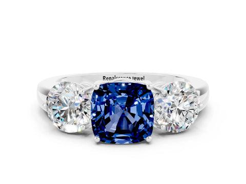 White gold Cushion Cut Blue Sapphire Three-Stone Ring with Prong Setting and Classic Band