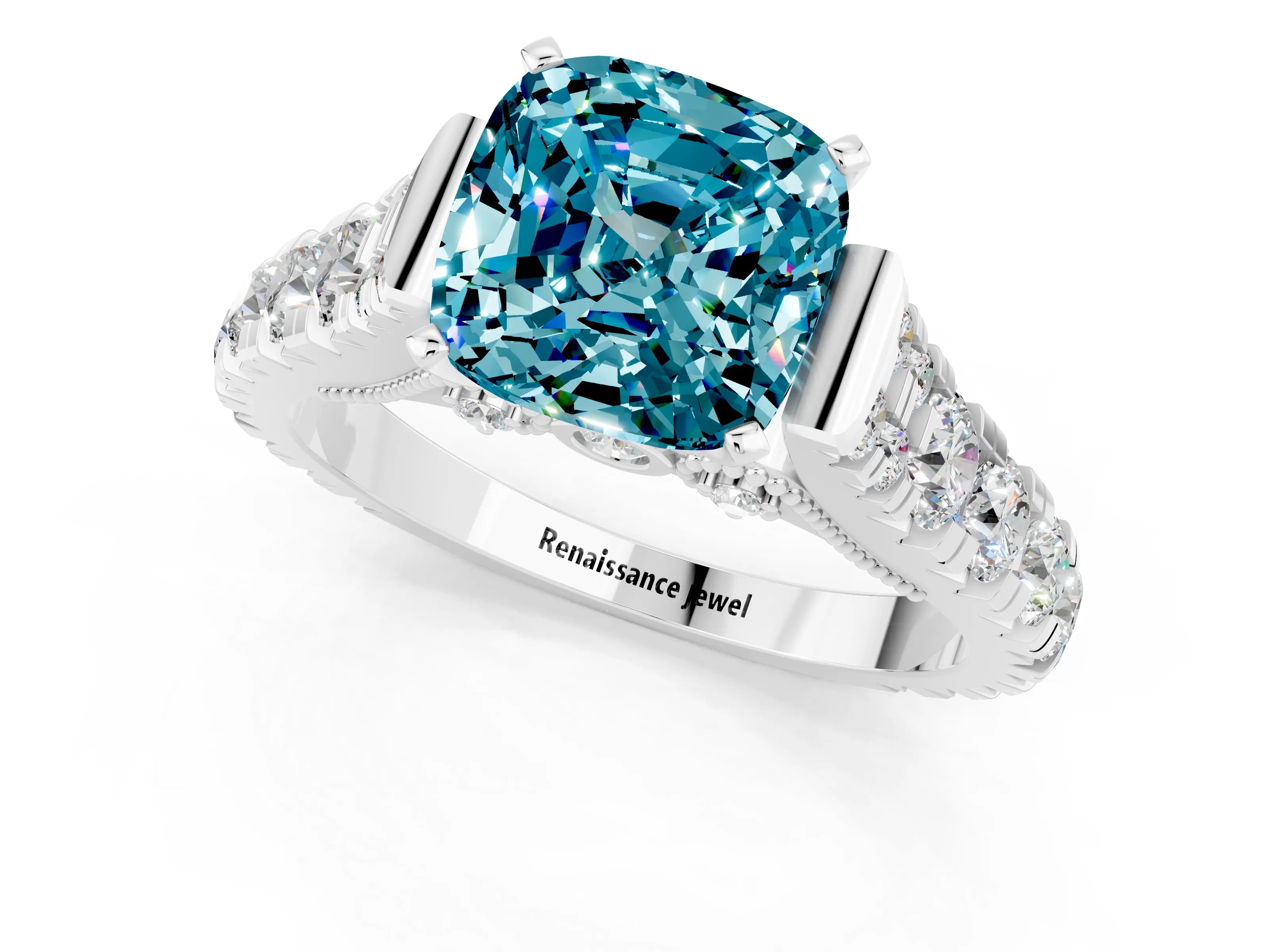 White gold Cushion Cut Blue Topaz Classic Solitaire Ring with Pavé Band and Four-Prong Setting_1