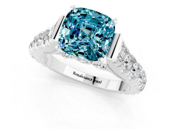 Silver Cushion Cut Blue Topaz Classic Solitaire Ring with Pavé Band and Four-Prong Setting