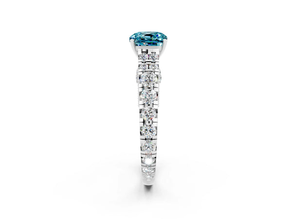 Platinum Cushion Cut Blue Topaz Classic Solitaire Ring with Pavé Band and Four-Prong Setting