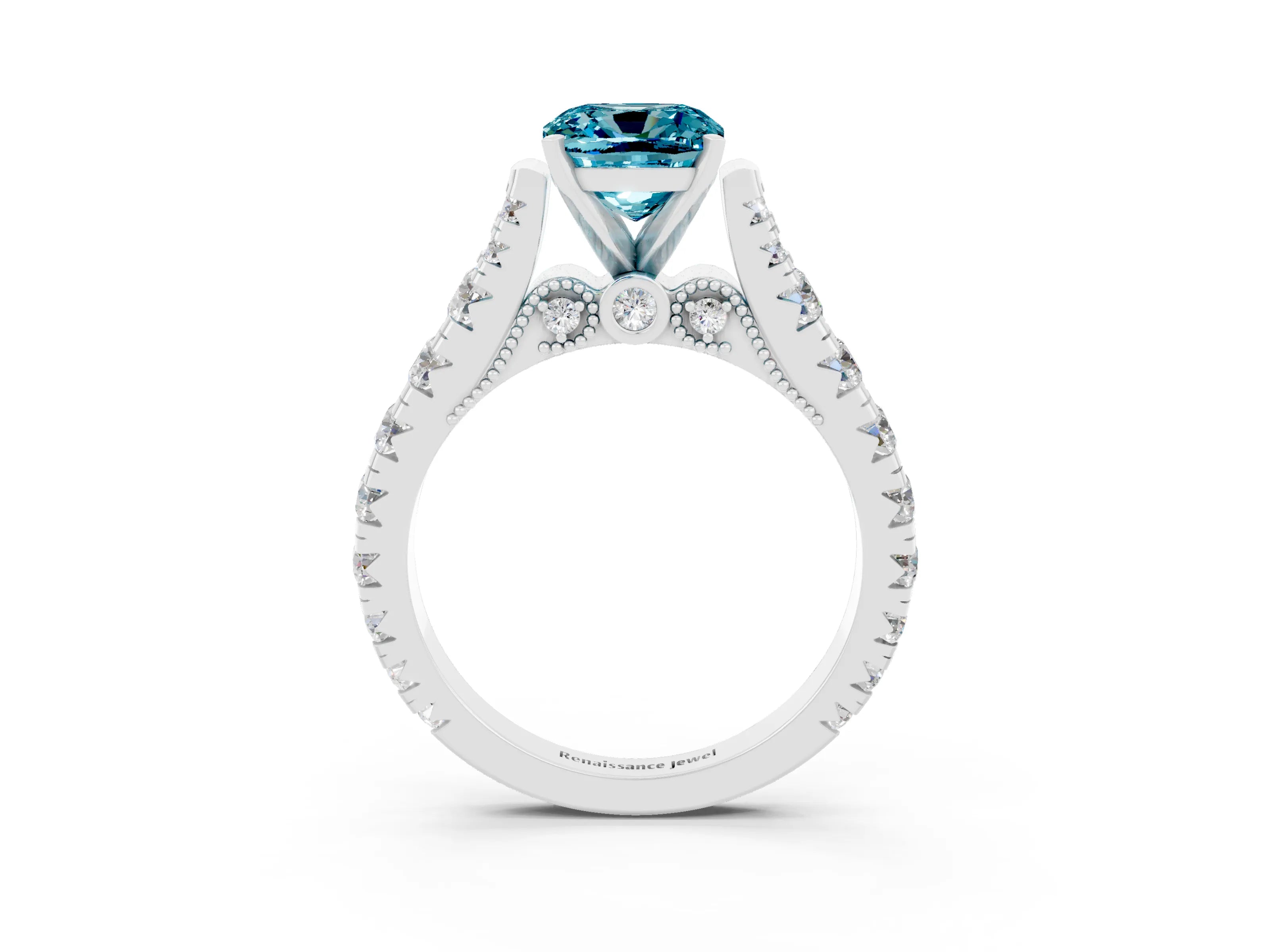White gold Cushion Cut Blue Topaz Classic Solitaire Ring with Pavé Band and Four-Prong Setting_3