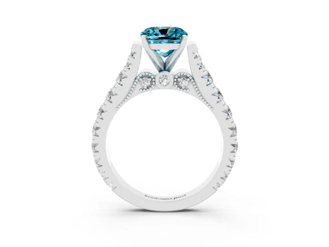 White gold Cushion Cut Blue Topaz Classic Solitaire Ring with Pavé Band and Four-Prong Setting_3